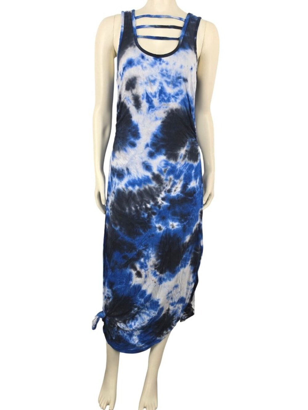 Women's Cato Black Blue White Tie Dye Maxi Stretch Dress Strappy Ruched Small P